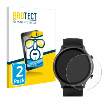 Front side of a product packaging with the brand logo BROTECT. Next to it is the device Hama Fit Watch 6910 shown with the cor