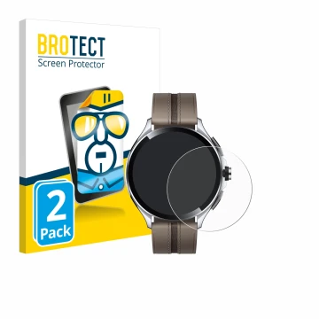 Front side of a product packaging with the brand logo BROTECT. Next to it is the device Xiaomi Watch 2 Pro shown with the corr
