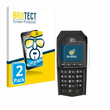 Front side of a product packaging with the brand logo BROTECT. Next to it is the device ingenico Lane/3000 (non-touch) shown w