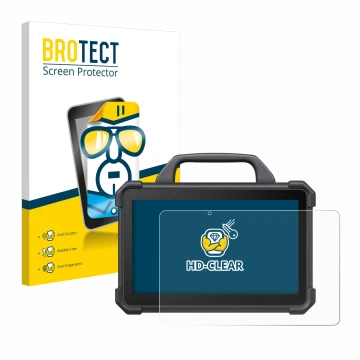 Front side of a product packaging with the brand logo BROTECT. Next to it is the device Launch X-431 Tab VII (Tab 7) Elite sho