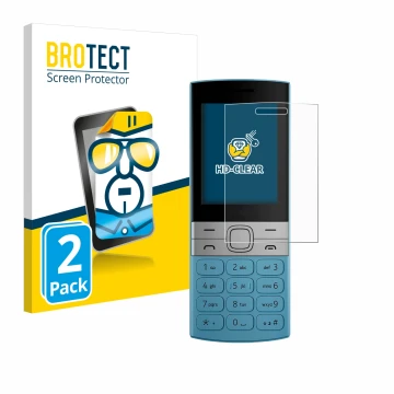 Front side of a product packaging with the brand logo BROTECT. Next to it is the device Nokia 150 (2023) shown with the corres