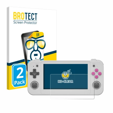 Front side of a product packaging with the brand logo BROTECT. Next to it is the device Anbernic RG505 shown with the correspo