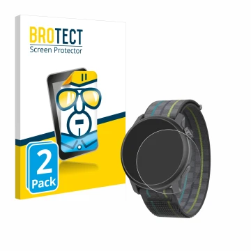 Front side of a product packaging with the brand logo BROTECT. Next to it is the device Coros Pace 3 shown with the correspond