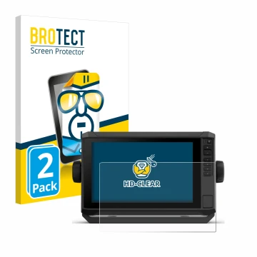 Front side of a product packaging with the brand logo BROTECT. Next to it is the device Garmin ECHOMAP UHD2 9