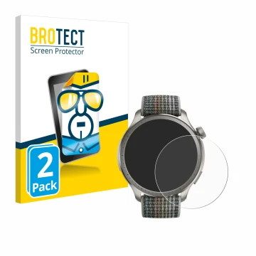 Front side of a product packaging with the brand logo BROTECT. Next to it is the device Huami Amazfit Balance shown with the c