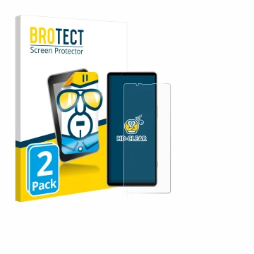 Front side of a product packaging with the brand logo BROTECT. Next to it is the device Sony Xperia 5 V shown with the corresp