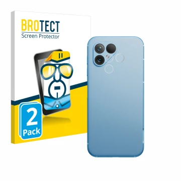 Front side of a product packaging with the brand logo BROTECT. Next to it is the device Fairphone 5 (ONLY Camera Lens) shown w