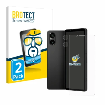 Front side of a product packaging with the brand logo BROTECT. Next to it is the device Sony Xperia 5 V (Front+Camera) shown w