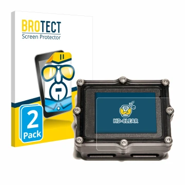 Front side of a product packaging with the brand logo BROTECT. Next to it is the device Shearwater Petrel 2 dive computer show