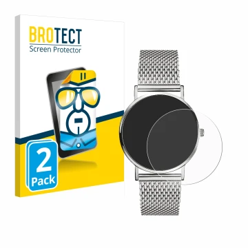 Front side of a product packaging with the brand logo BROTECT. Next to it is the device Liebeskind New Case Mesh (34 mm) shown