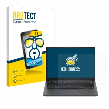 Front side of a product packaging with the brand logo BROTECT. Next to it is the device Lenovo ThinkPad E14 Gen 5 shown with t