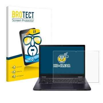 Front side of a product packaging with the brand logo BROTECT. Next to it is the device Acer TravelMate Spin P4 14