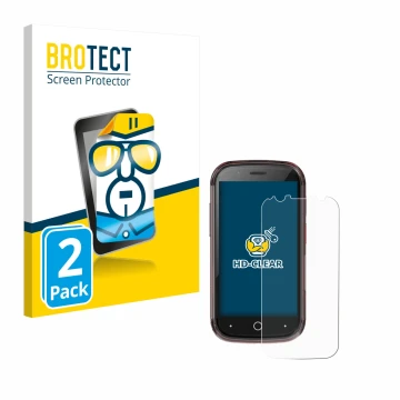 Front side of a product packaging with the brand logo BROTECT. Next to it is the device Unihertz Jelly Star shown with the cor