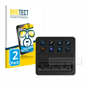 Front side of a product packaging with the brand logo BROTECT. Next to it is the device Elgato Stream Deck + shown with the co
