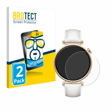 Front side of a product packaging with the brand logo BROTECT. Next to it is the device Huawei Watch GT 4 (41mm) shown with th
