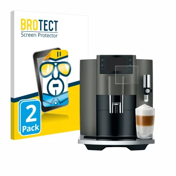 Front side of a product packaging with the brand logo BROTECT. Next to it is the device Jura E8 (EC) shown with the correspond