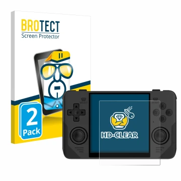 Front side of a product packaging with the brand logo BROTECT. Next to it is the device Powkiddy RGB30 shown with the correspo