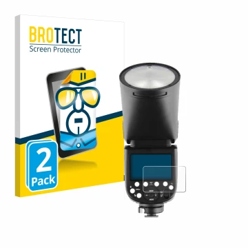 Front side of a product packaging with the brand logo BROTECT. Next to it is the device Godox V1 shown with the corresponding 