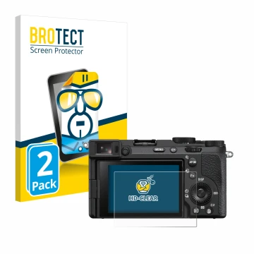 Front side of a product packaging with the brand logo BROTECT. Next to it is the device Sony Alpha 7CR shown with the correspo