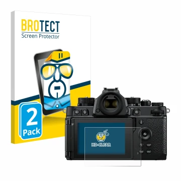 Front side of a product packaging with the brand logo BROTECT. Next to it is the device Nikon Z F shown with the corresponding