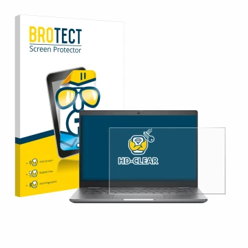 Front side of a product packaging with the brand logo BROTECT. Next to it is the device Dell Latitude 5340 Laptop shown with t