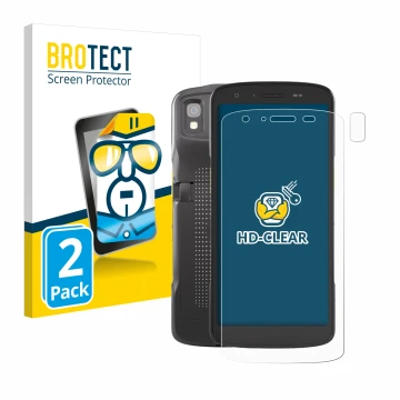 Front side of a product packaging with the brand logo BROTECT. Next to it is the device Zebra TC27 (Front+Camera) shown with t