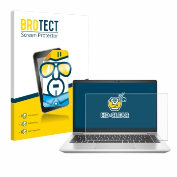 Front side of a product packaging with the brand logo BROTECT. Next to it is the device HP EliteBook 645 G10 shown with the co