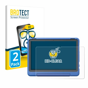 Front side of a product packaging with the brand logo BROTECT. Next to it is the device Amazon Fire HD 10 Kids Pro 2023 shown 