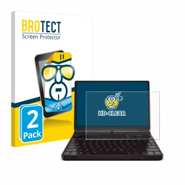 Front side of a product packaging with the brand logo BROTECT. Next to it is the device GPD Win Max 2 2023 shown with the corr