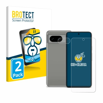 Front side of a product packaging with the brand logo BROTECT. Next to it is the device Google Pixel 8 (Front+Camera) shown wi