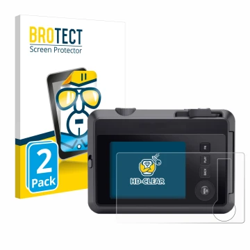 Front side of a product packaging with the brand logo BROTECT. Next to it is the device Leica SOFORT 2 shown with the correspo