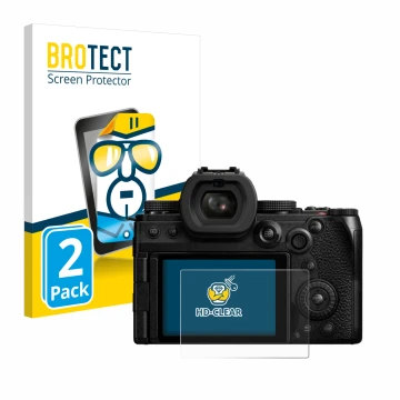 Front side of a product packaging with the brand logo BROTECT. Next to it is the device Panasonic Lumix DC-S5M2X shown with th