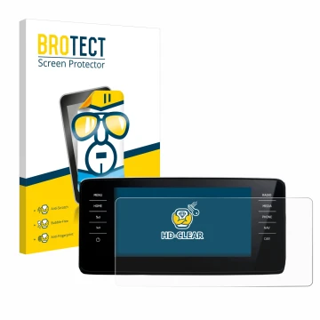 Front side of a product packaging with the brand logo BROTECT. Next to it is the device Skoda Scala Infosystem Amundsen 9.2