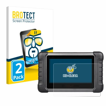 Front side of a product packaging with the brand logo BROTECT. Next to it is the device Autel MaxiCheck MX808s shown with the 