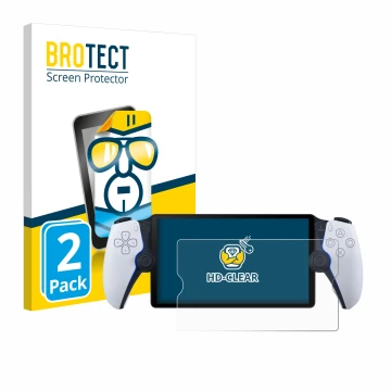 Front side of a product packaging with the brand logo BROTECT. Next to it is the device Sony Playstation Portal shown with the