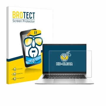Front side of a product packaging with the brand logo BROTECT. Next to it is the device HP EliteBook 845 G10 shown with the co