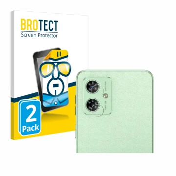 Front side of a product packaging with the brand logo BROTECT. Next to it is the device Motorola Moto G54 (ONLY Camera Lens) s