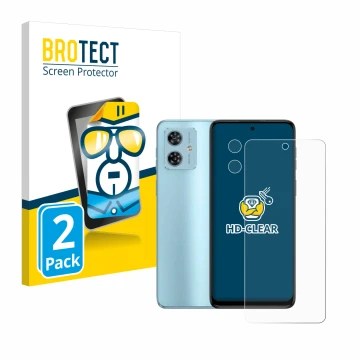 Front side of a product packaging with the brand logo BROTECT. Next to it is the device Motorola Moto G54 (Front+Camera) shown