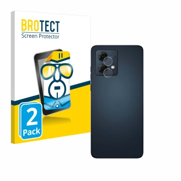 Front side of a product packaging with the brand logo BROTECT. Next to it is the device Motorola Moto G84 (ONLY Camera Lens) s