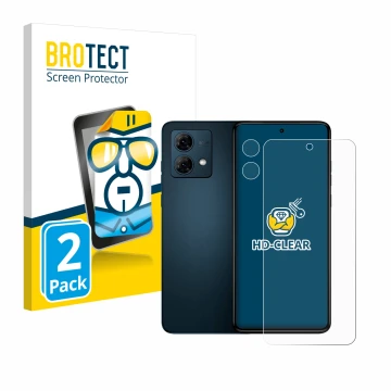Front side of a product packaging with the brand logo BROTECT. Next to it is the device Motorola Moto G84 (Front+Camera) shown