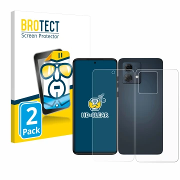 Front side of a product packaging with the brand logo BROTECT. Next to it is the device Motorola Moto G84 (Front+Back) shown w