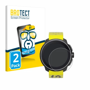 Front side of a product packaging with the brand logo BROTECT. Next to it is the device Suunto Race shown with the correspondi