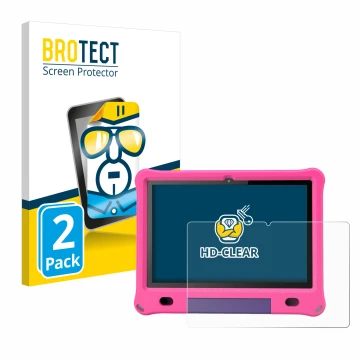 Front side of a product packaging with the brand logo BROTECT. Next to it is the device Pritom B10 Kids 10.1