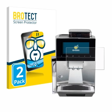 Front side of a product packaging with the brand logo BROTECT. Next to it is the device Siemens EQ900 TQ903D03 shown with the 