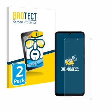 Front side of a product packaging with the brand logo BROTECT. Next to it is the device Xiaomi Poco C65 shown with the corresp