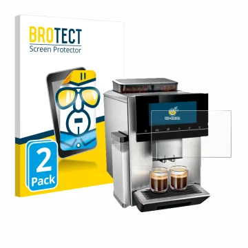 Front side of a product packaging with the brand logo BROTECT. Next to it is the device Siemens EQ900 TQ907D03 shown with the 