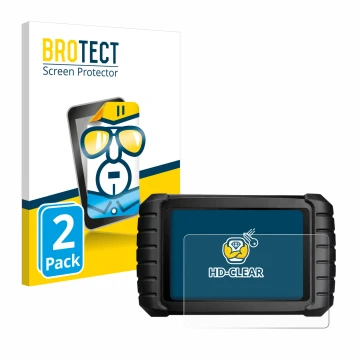 Front side of a product packaging with the brand logo BROTECT. Next to it is the device iCarsoft CR Max shown with the corresp