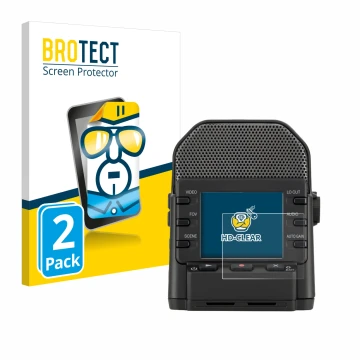 Front side of a product packaging with the brand logo BROTECT. Next to it is the device Zoom Q2n-4K shown with the correspondi