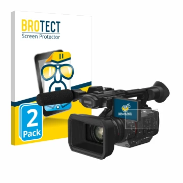 Front side of a product packaging with the brand logo BROTECT. Next to it is the device Panasonic HC-X2 shown with the corresp