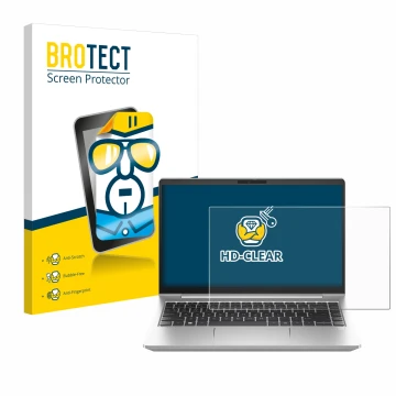 Front side of a product packaging with the brand logo BROTECT. Next to it is the device HP ProBook 445 G10 shown with the corr
